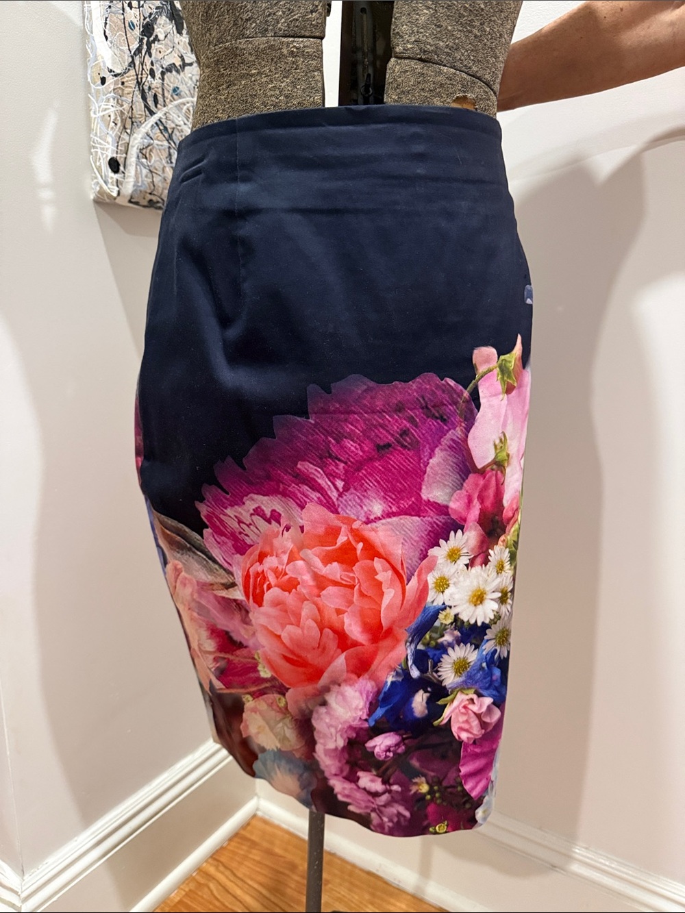 Ted Baker Navy Floral Pencil Skirt with Pink & Coral Blooms